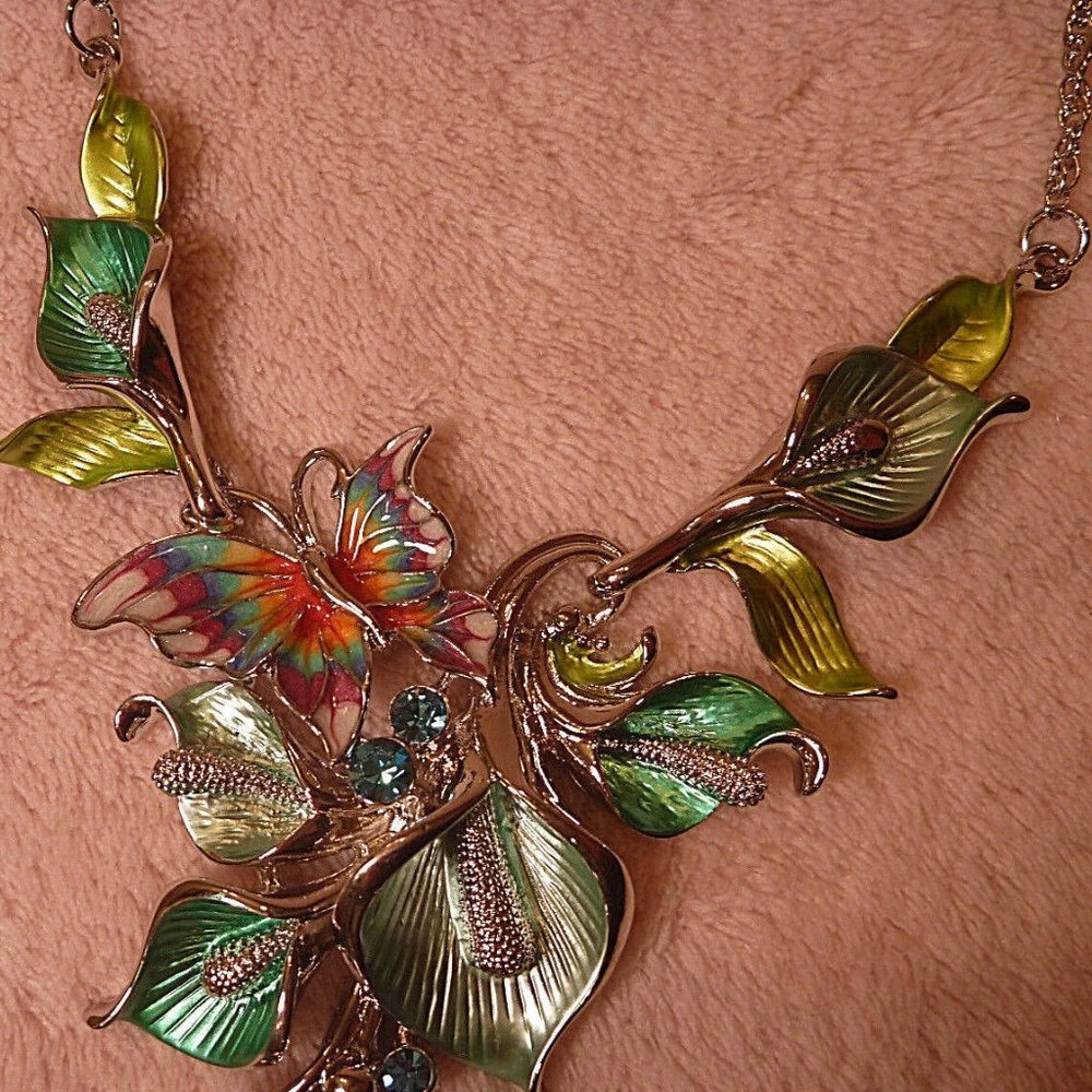 Silver tone Set Earrings Necklace Floral Enamel - Picture 5 of 8